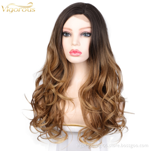 Vigorous Wholesale Price Long Ombre Black To Brown Wavy Wigs Side Part Lace Synthetic Wigs For Black Women Heat Resistant
